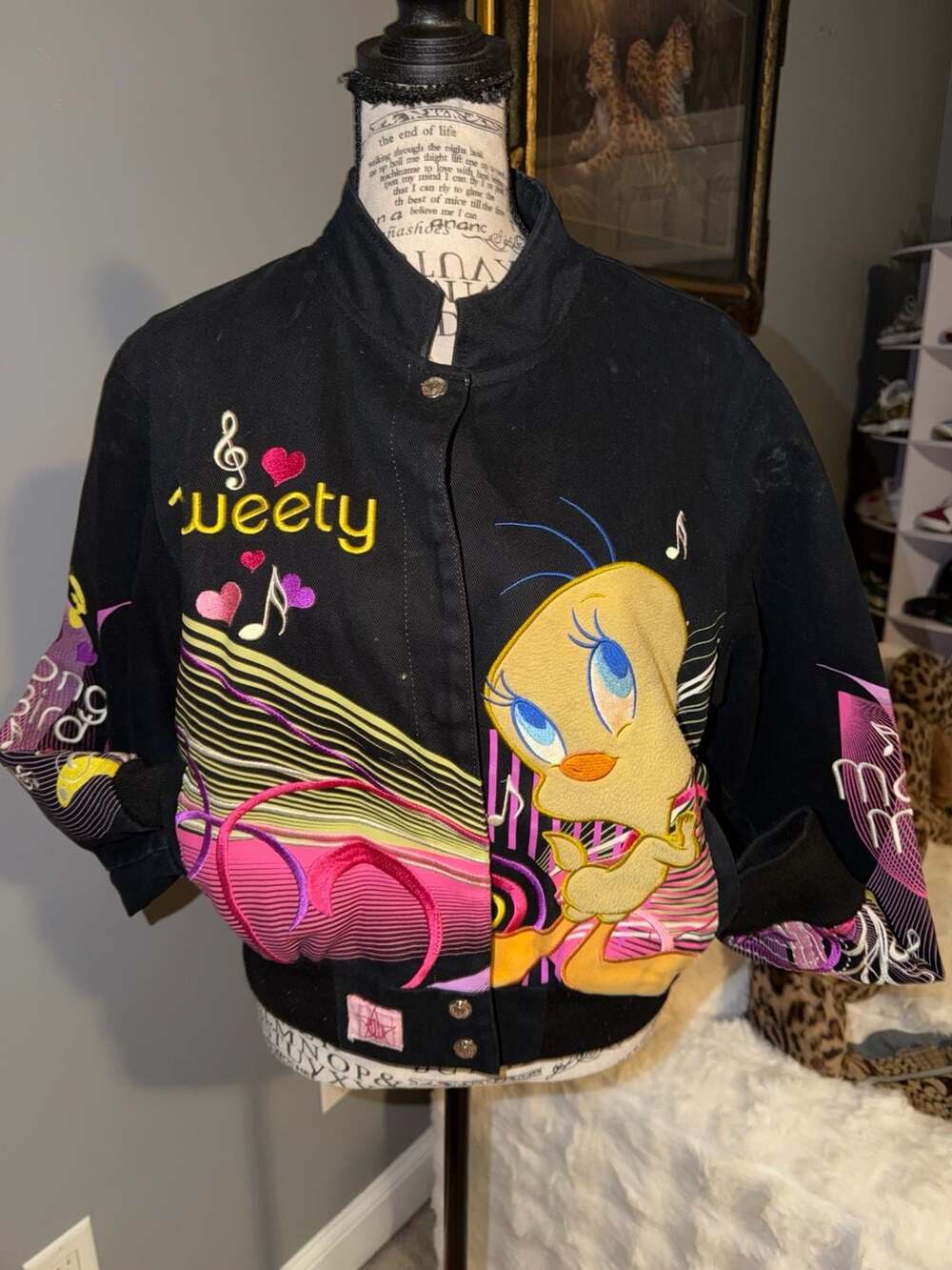 Vintage JH Design Tweety Bird Looney Tunes Embroidered Twill Bomber Jacket